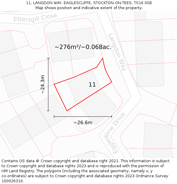 11, LANGDON WAY, EAGLESCLIFFE, STOCKTON-ON-TEES, TS16 0GE: Plot and title map