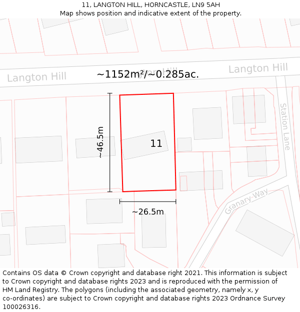 11, LANGTON HILL, HORNCASTLE, LN9 5AH: Plot and title map