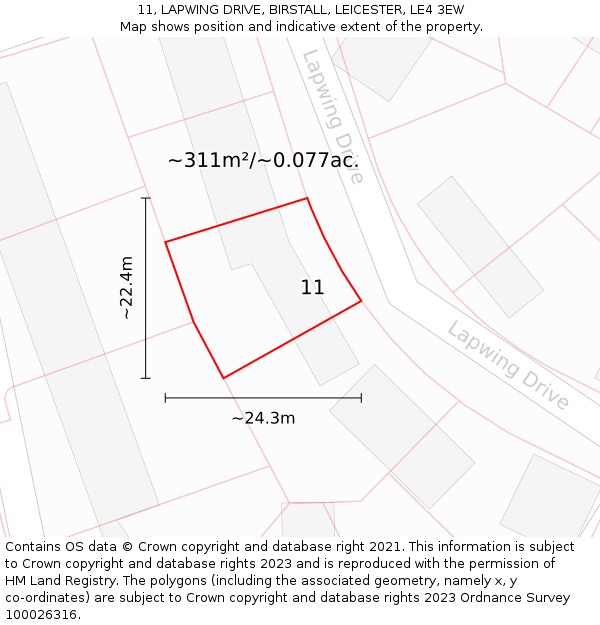 11, LAPWING DRIVE, BIRSTALL, LEICESTER, LE4 3EW: Plot and title map