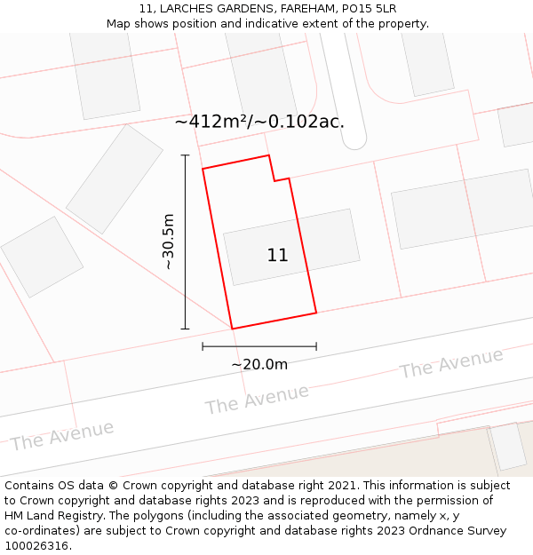 11, LARCHES GARDENS, FAREHAM, PO15 5LR: Plot and title map