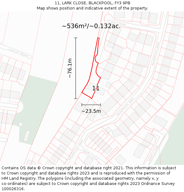 11, LARK CLOSE, BLACKPOOL, FY3 9PB: Plot and title map