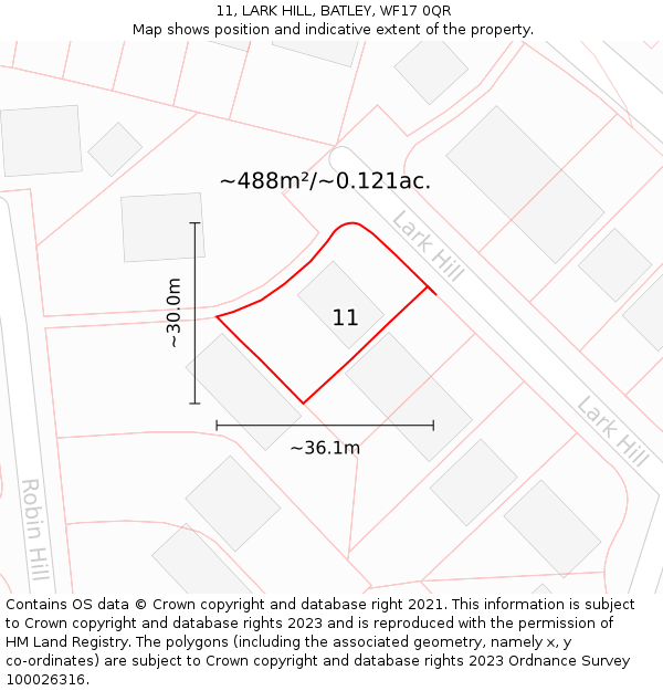 11, LARK HILL, BATLEY, WF17 0QR: Plot and title map