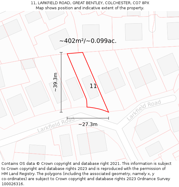 11, LARKFIELD ROAD, GREAT BENTLEY, COLCHESTER, CO7 8PX: Plot and title map