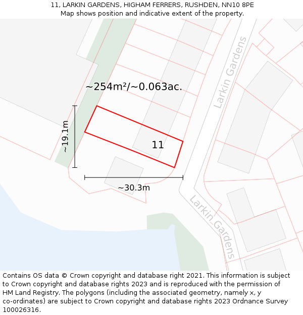 11, LARKIN GARDENS, HIGHAM FERRERS, RUSHDEN, NN10 8PE: Plot and title map