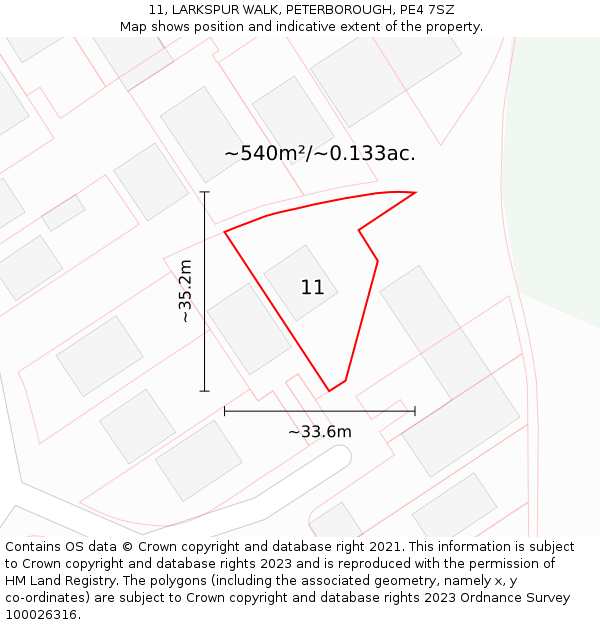 11, LARKSPUR WALK, PETERBOROUGH, PE4 7SZ: Plot and title map