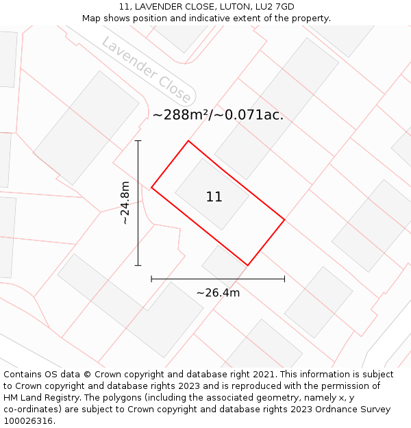 11, LAVENDER CLOSE, LUTON, LU2 7GD: Plot and title map