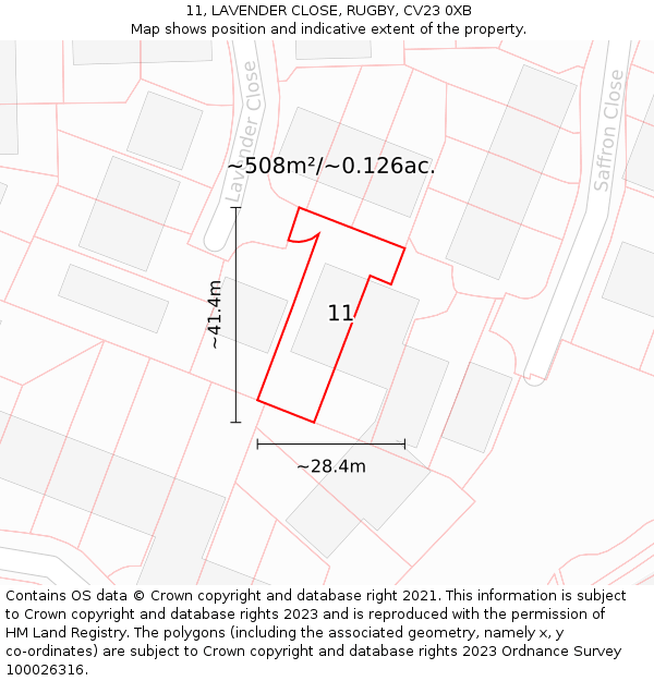 11, LAVENDER CLOSE, RUGBY, CV23 0XB: Plot and title map