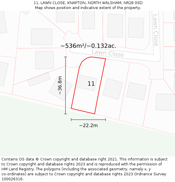 11, LAWN CLOSE, KNAPTON, NORTH WALSHAM, NR28 0SD: Plot and title map