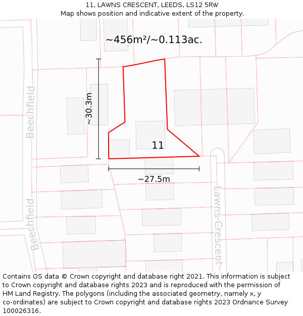 11, LAWNS CRESCENT, LEEDS, LS12 5RW: Plot and title map