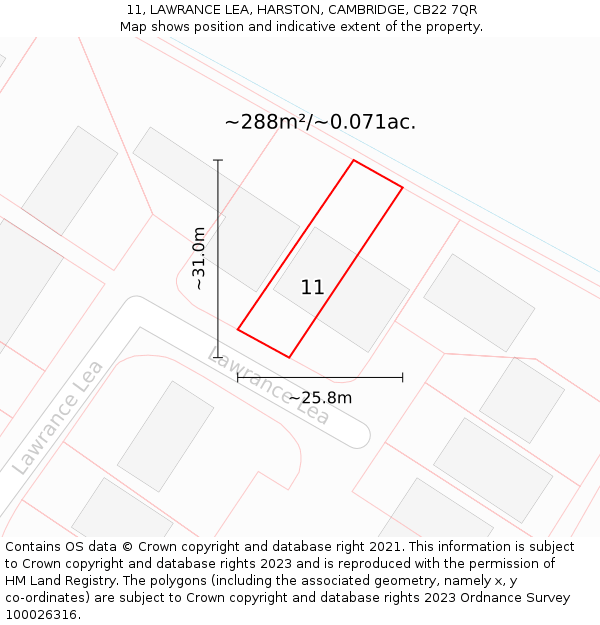 11, LAWRANCE LEA, HARSTON, CAMBRIDGE, CB22 7QR: Plot and title map