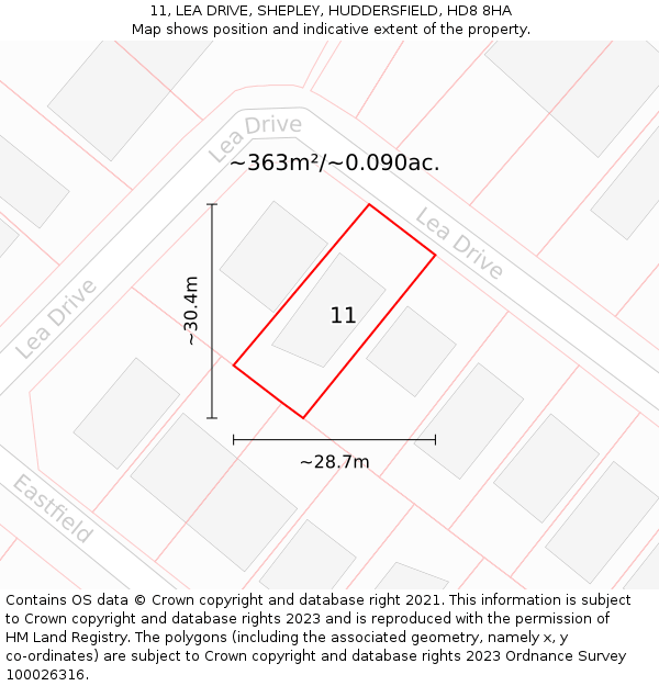 11, LEA DRIVE, SHEPLEY, HUDDERSFIELD, HD8 8HA: Plot and title map