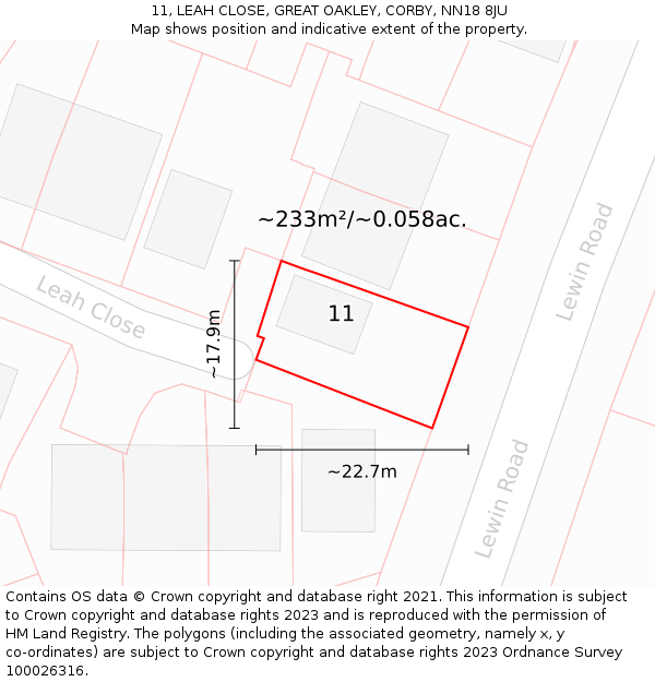 11, LEAH CLOSE, GREAT OAKLEY, CORBY, NN18 8JU: Plot and title map