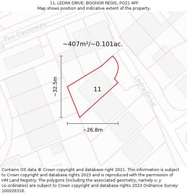 11, LEDRA DRIVE, BOGNOR REGIS, PO21 4PF: Plot and title map