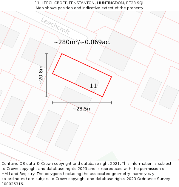 11, LEECHCROFT, FENSTANTON, HUNTINGDON, PE28 9QH: Plot and title map