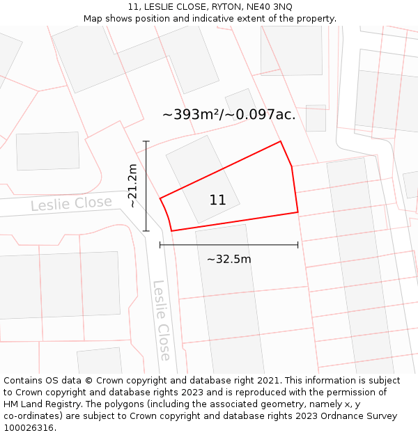 11, LESLIE CLOSE, RYTON, NE40 3NQ: Plot and title map
