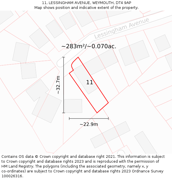 11, LESSINGHAM AVENUE, WEYMOUTH, DT4 9AP: Plot and title map