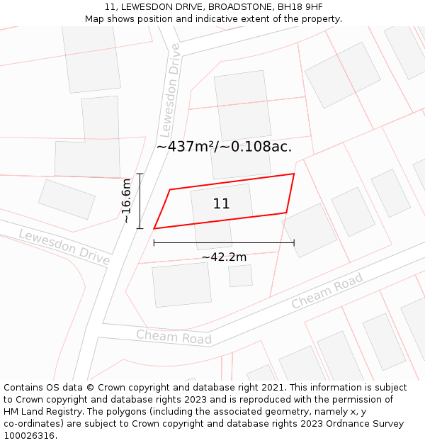 11, LEWESDON DRIVE, BROADSTONE, BH18 9HF: Plot and title map