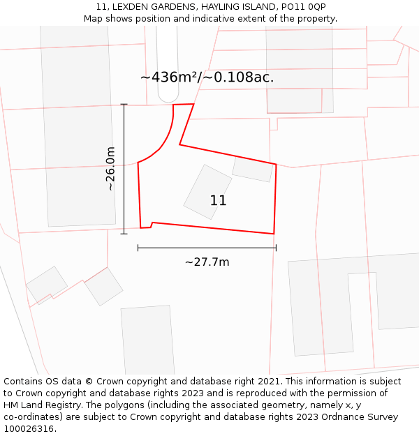 11, LEXDEN GARDENS, HAYLING ISLAND, PO11 0QP: Plot and title map