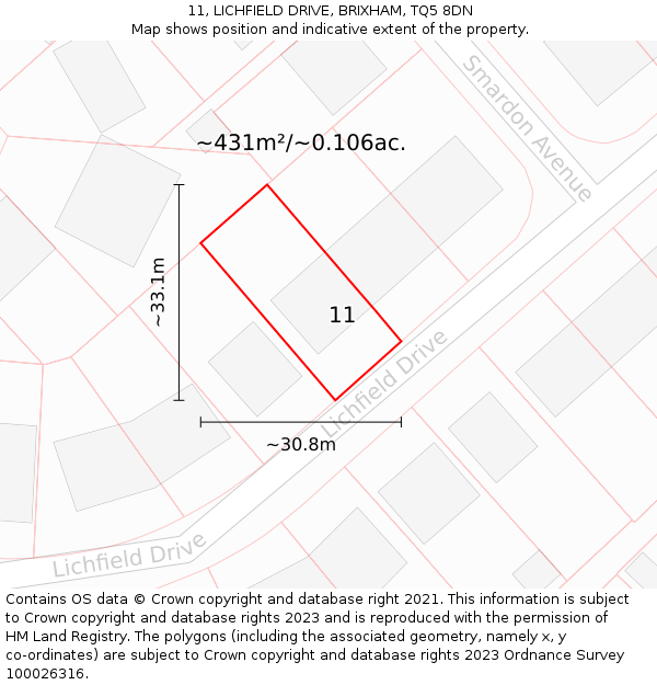 11, LICHFIELD DRIVE, BRIXHAM, TQ5 8DN: Plot and title map