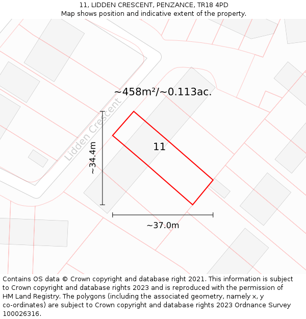 11, LIDDEN CRESCENT, PENZANCE, TR18 4PD: Plot and title map