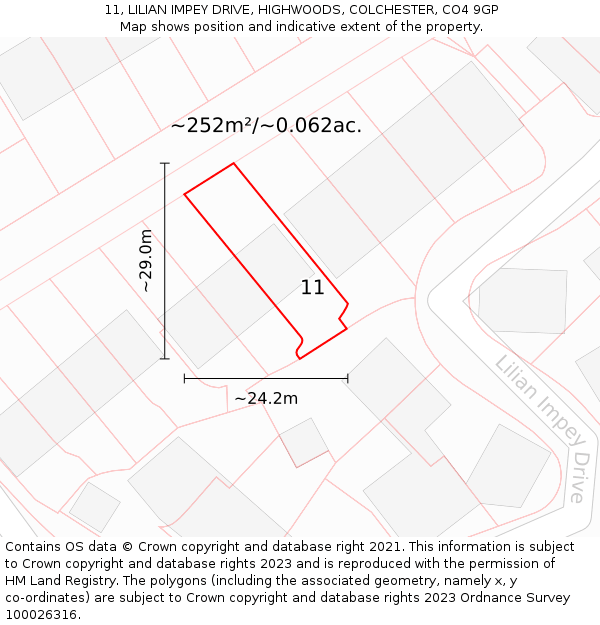 11, LILIAN IMPEY DRIVE, HIGHWOODS, COLCHESTER, CO4 9GP: Plot and title map