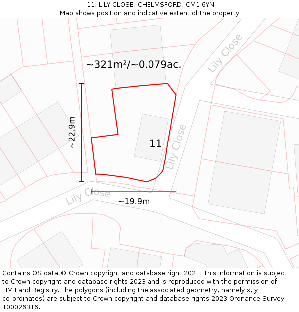 11, LILY CLOSE, CHELMSFORD, CM1 6YN: Plot and title map