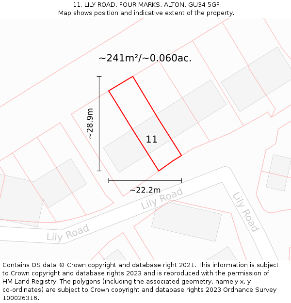 11, LILY ROAD, FOUR MARKS, ALTON, GU34 5GF: Plot and title map