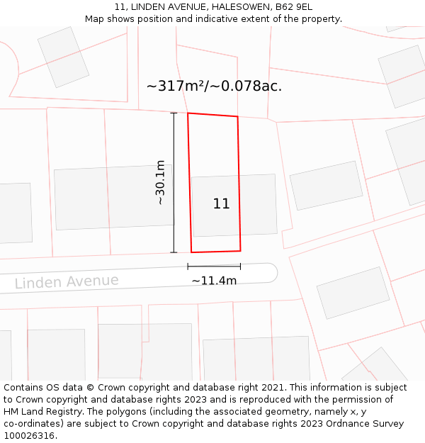 11, LINDEN AVENUE, HALESOWEN, B62 9EL: Plot and title map