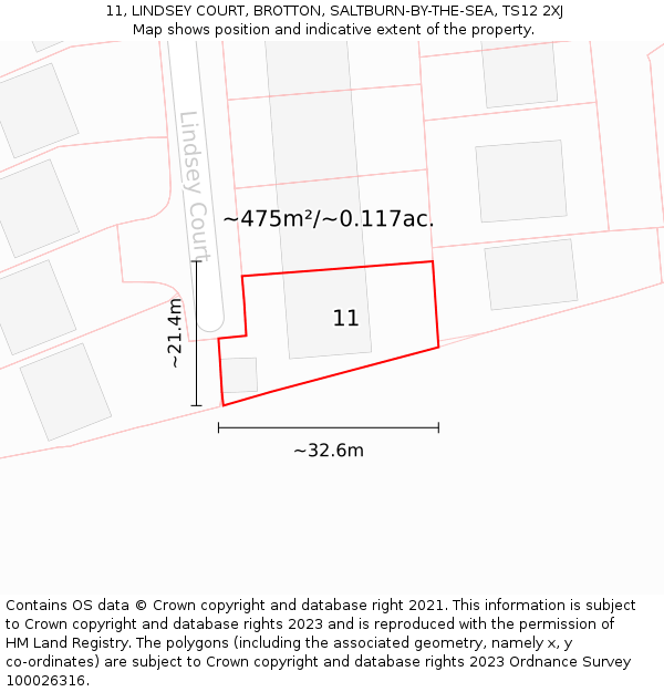 11, LINDSEY COURT, BROTTON, SALTBURN-BY-THE-SEA, TS12 2XJ: Plot and title map
