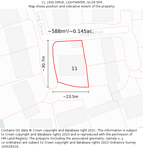 11, LING DRIVE, LIGHTWATER, GU18 5PA: Plot and title map