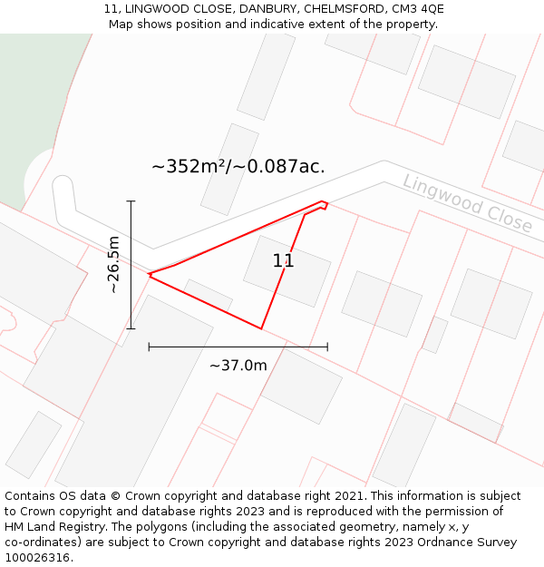 11, LINGWOOD CLOSE, DANBURY, CHELMSFORD, CM3 4QE: Plot and title map