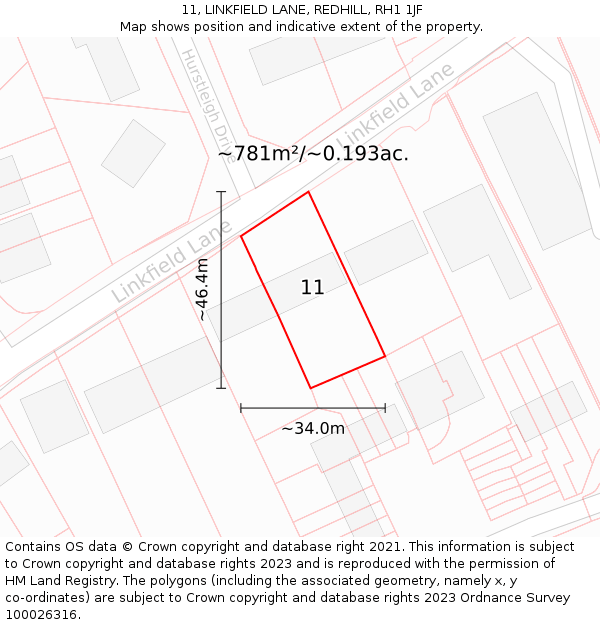 11, LINKFIELD LANE, REDHILL, RH1 1JF: Plot and title map