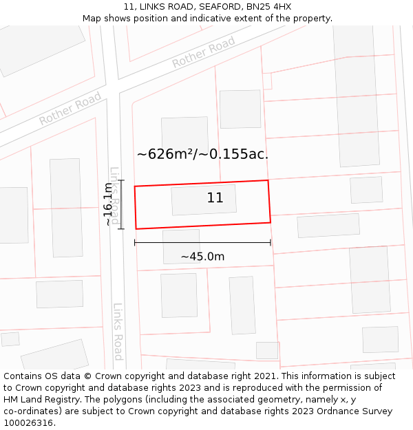 11, LINKS ROAD, SEAFORD, BN25 4HX: Plot and title map