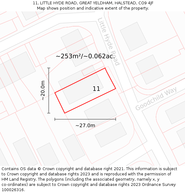 11, LITTLE HYDE ROAD, GREAT YELDHAM, HALSTEAD, CO9 4JF: Plot and title map