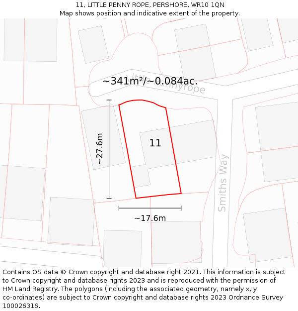 11, LITTLE PENNY ROPE, PERSHORE, WR10 1QN: Plot and title map