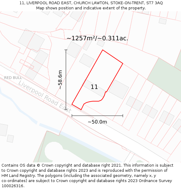 11, LIVERPOOL ROAD EAST, CHURCH LAWTON, STOKE-ON-TRENT, ST7 3AQ: Plot and title map