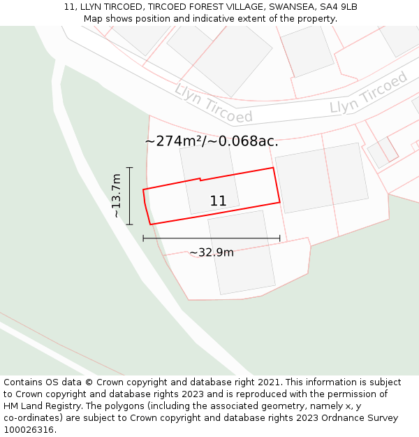 11, LLYN TIRCOED, TIRCOED FOREST VILLAGE, SWANSEA, SA4 9LB: Plot and title map