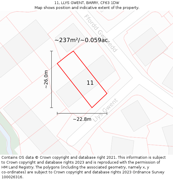 11, LLYS GWENT, BARRY, CF63 1DW: Plot and title map