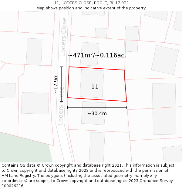 11, LODERS CLOSE, POOLE, BH17 9BF: Plot and title map