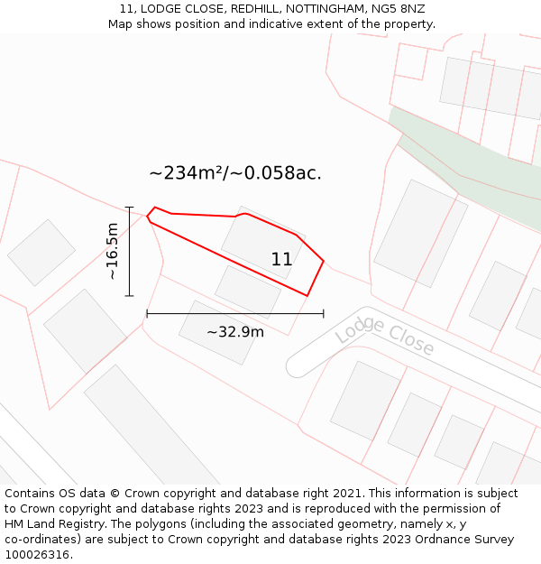 11, LODGE CLOSE, REDHILL, NOTTINGHAM, NG5 8NZ: Plot and title map