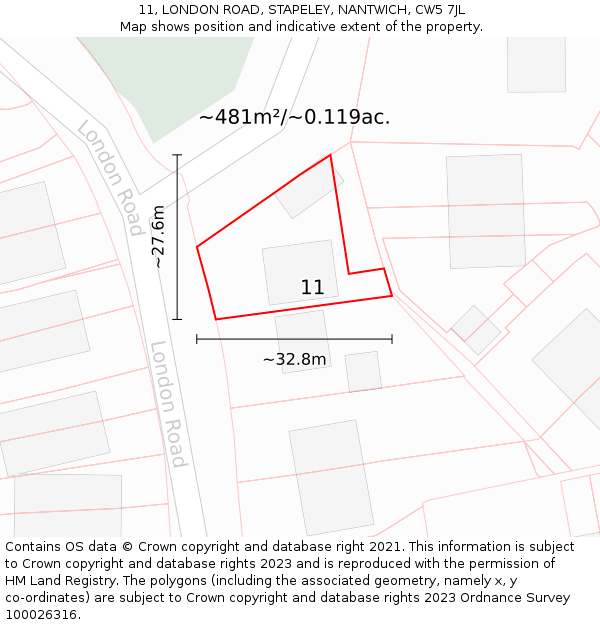 11, LONDON ROAD, STAPELEY, NANTWICH, CW5 7JL: Plot and title map