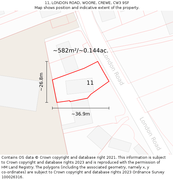 11, LONDON ROAD, WOORE, CREWE, CW3 9SF: Plot and title map