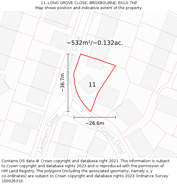 11, LONG GROVE CLOSE, BROXBOURNE, EN10 7NP: Plot and title map