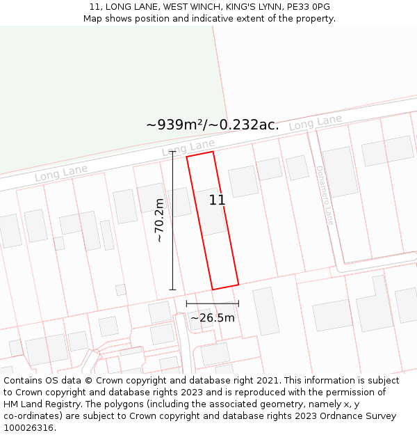 11, LONG LANE, WEST WINCH, KING'S LYNN, PE33 0PG: Plot and title map