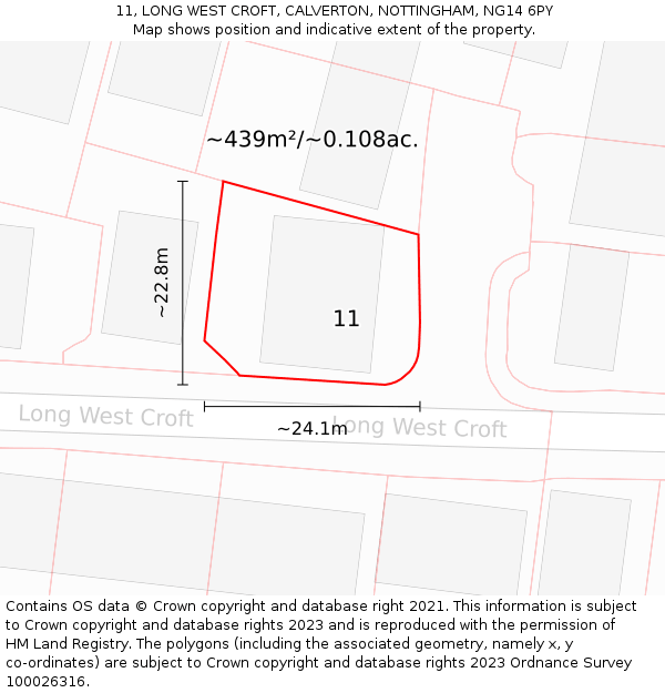 11, LONG WEST CROFT, CALVERTON, NOTTINGHAM, NG14 6PY: Plot and title map