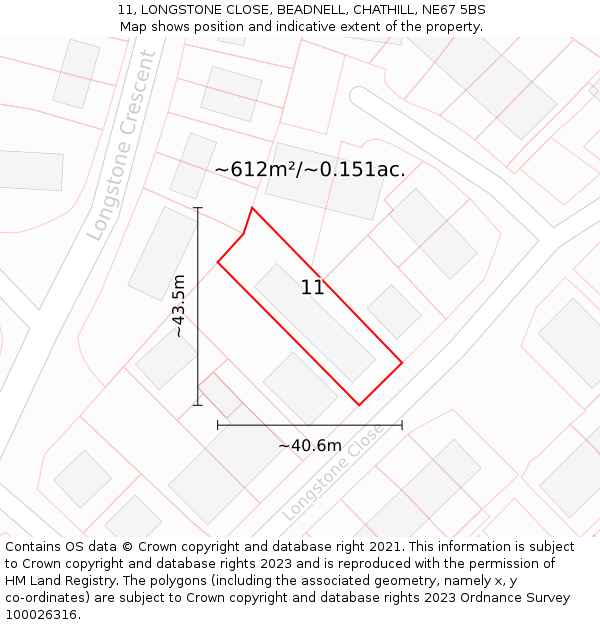 11, LONGSTONE CLOSE, BEADNELL, CHATHILL, NE67 5BS: Plot and title map