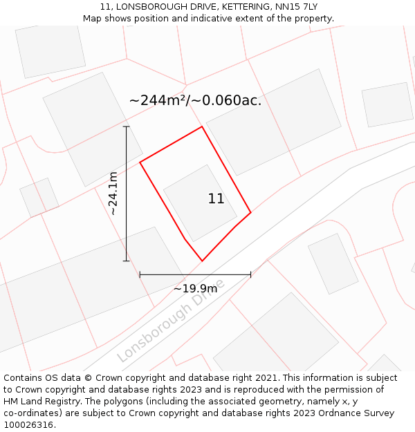 11, LONSBOROUGH DRIVE, KETTERING, NN15 7LY: Plot and title map