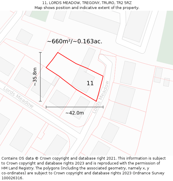 11, LORDS MEADOW, TREGONY, TRURO, TR2 5RZ: Plot and title map