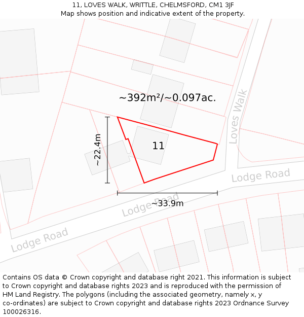 11, LOVES WALK, WRITTLE, CHELMSFORD, CM1 3JF: Plot and title map