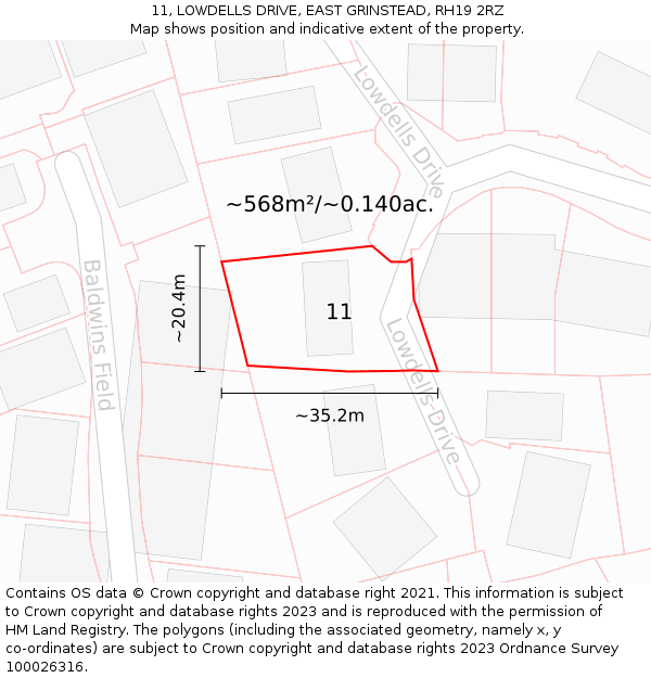 11, LOWDELLS DRIVE, EAST GRINSTEAD, RH19 2RZ: Plot and title map